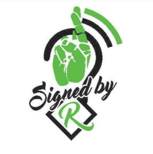Logo with green hand, black and white text 'Signed by R' on a white background